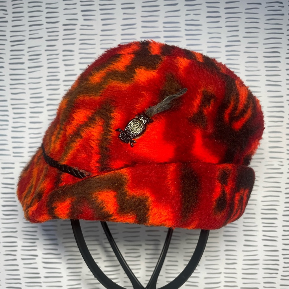 Vintage Lady’s Hat with Owl Pendant Red Orange and Brown